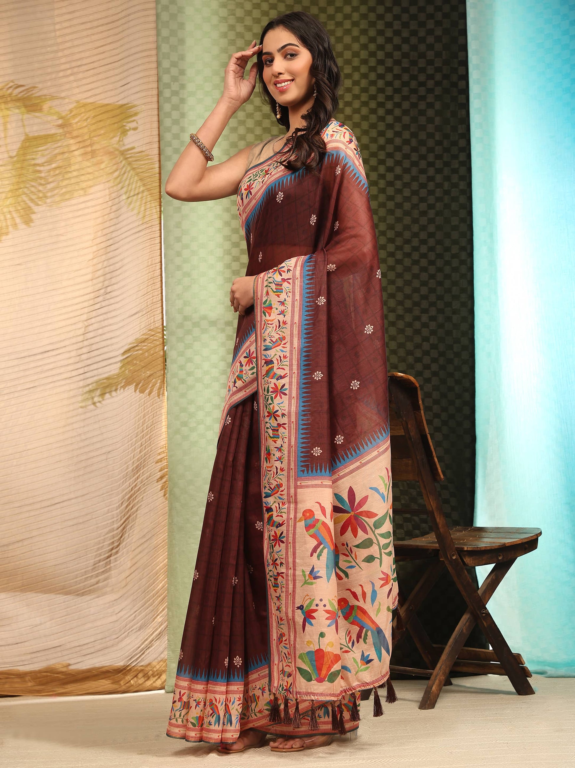 Hiral Fashion Brown Paithani Cotton Blend Floral Digital Printed Saree | Swadesiicart