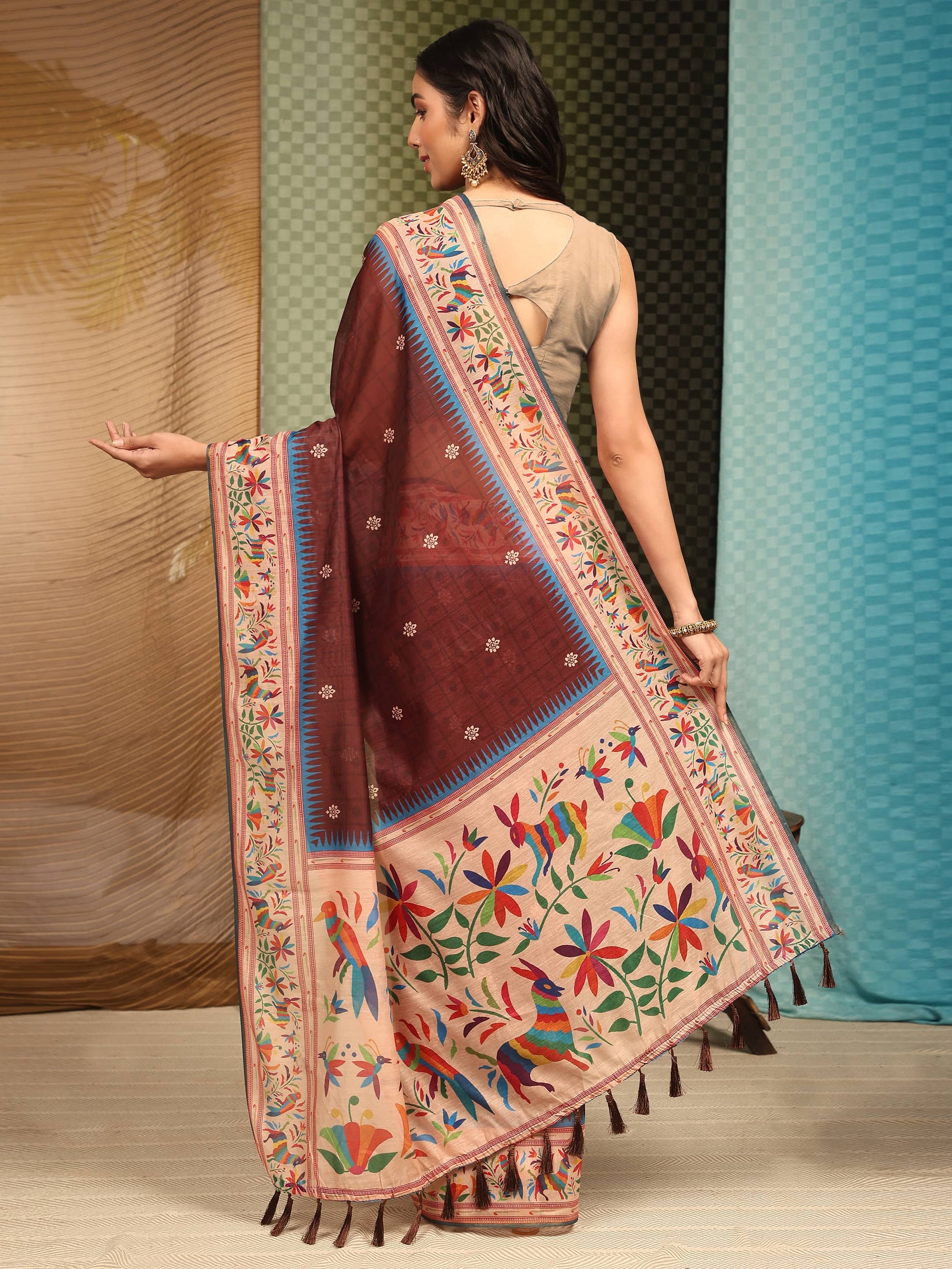 Hiral Fashion Brown Paithani Cotton Blend Floral Digital Printed Saree | Swadesiicart