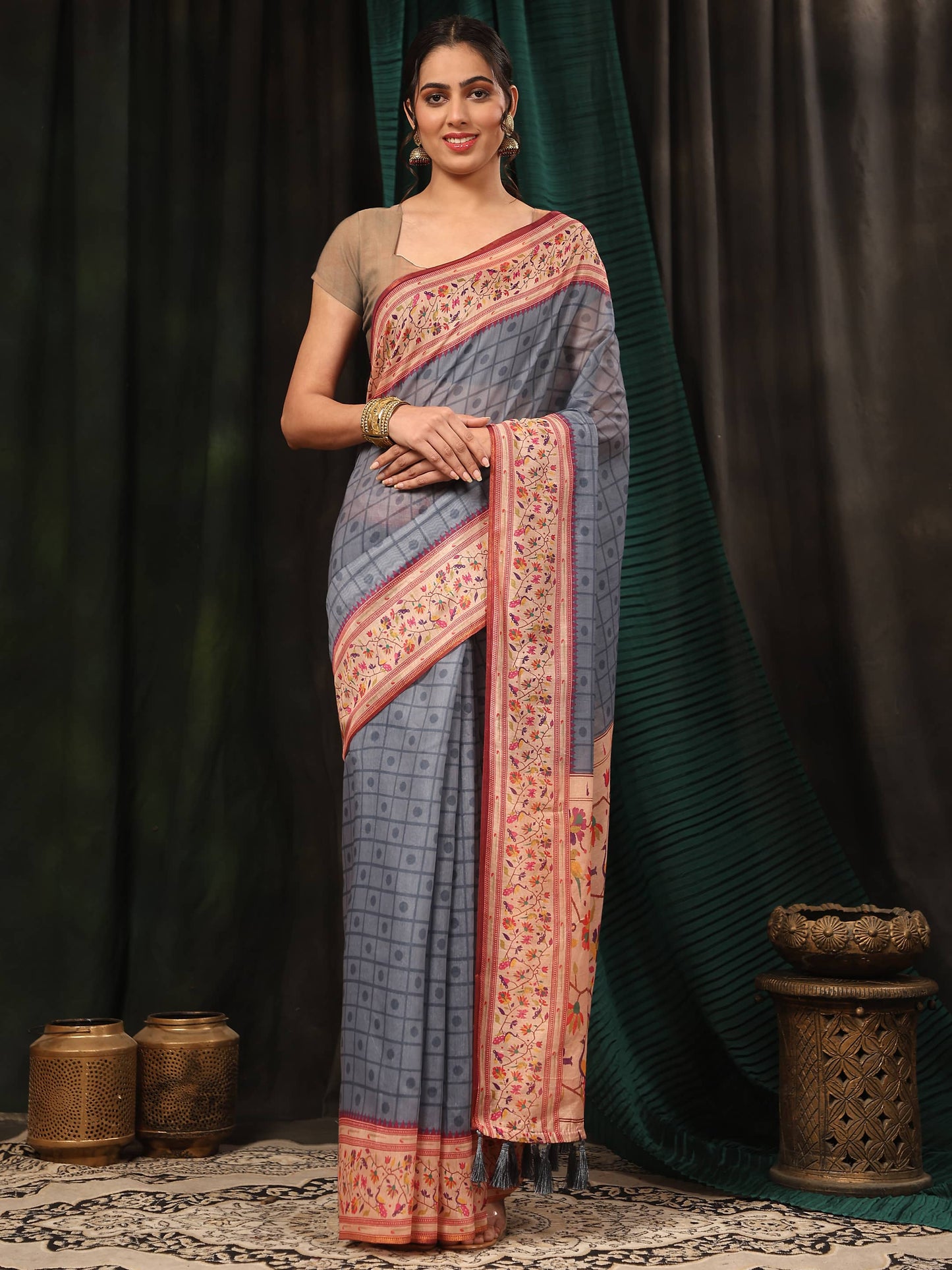 Hiral Fashion Grey Paithani Cotton Blend Geomatric Digital Printed Saree | Swadesiicart