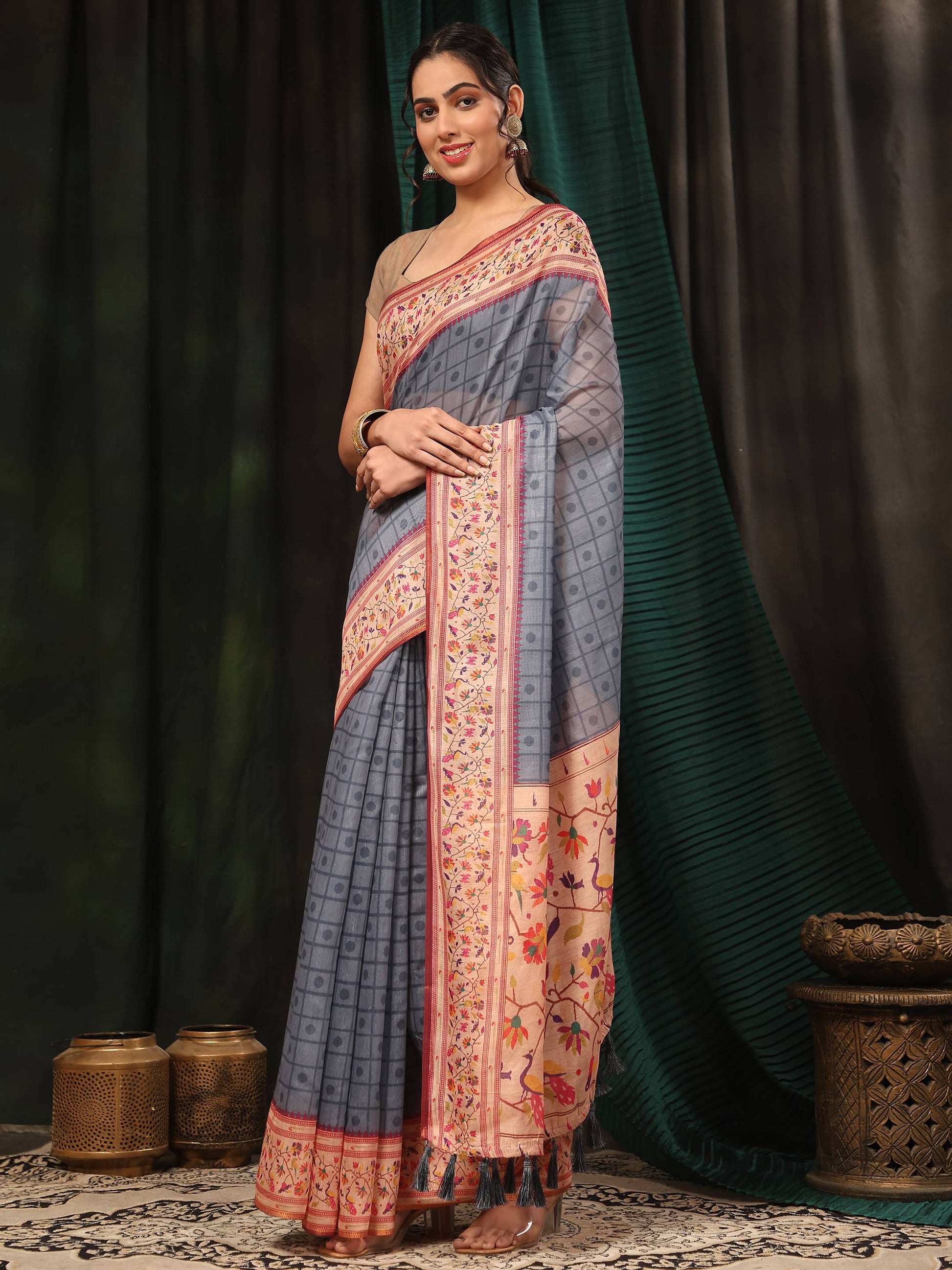 Hiral Fashion Grey Paithani Cotton Blend Geomatric Digital Printed Saree | Swadesiicart
