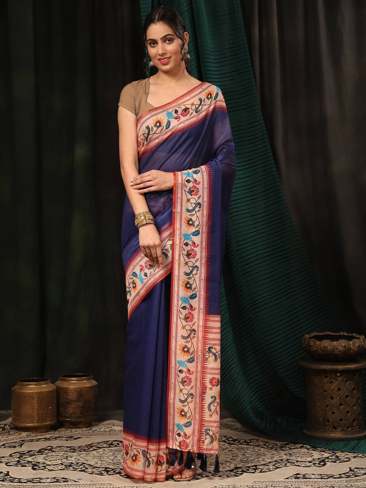 Hiral Fashion Navy Blue Paithani Cotton Blend Solid Digital Printed Saree | Swadesiicart