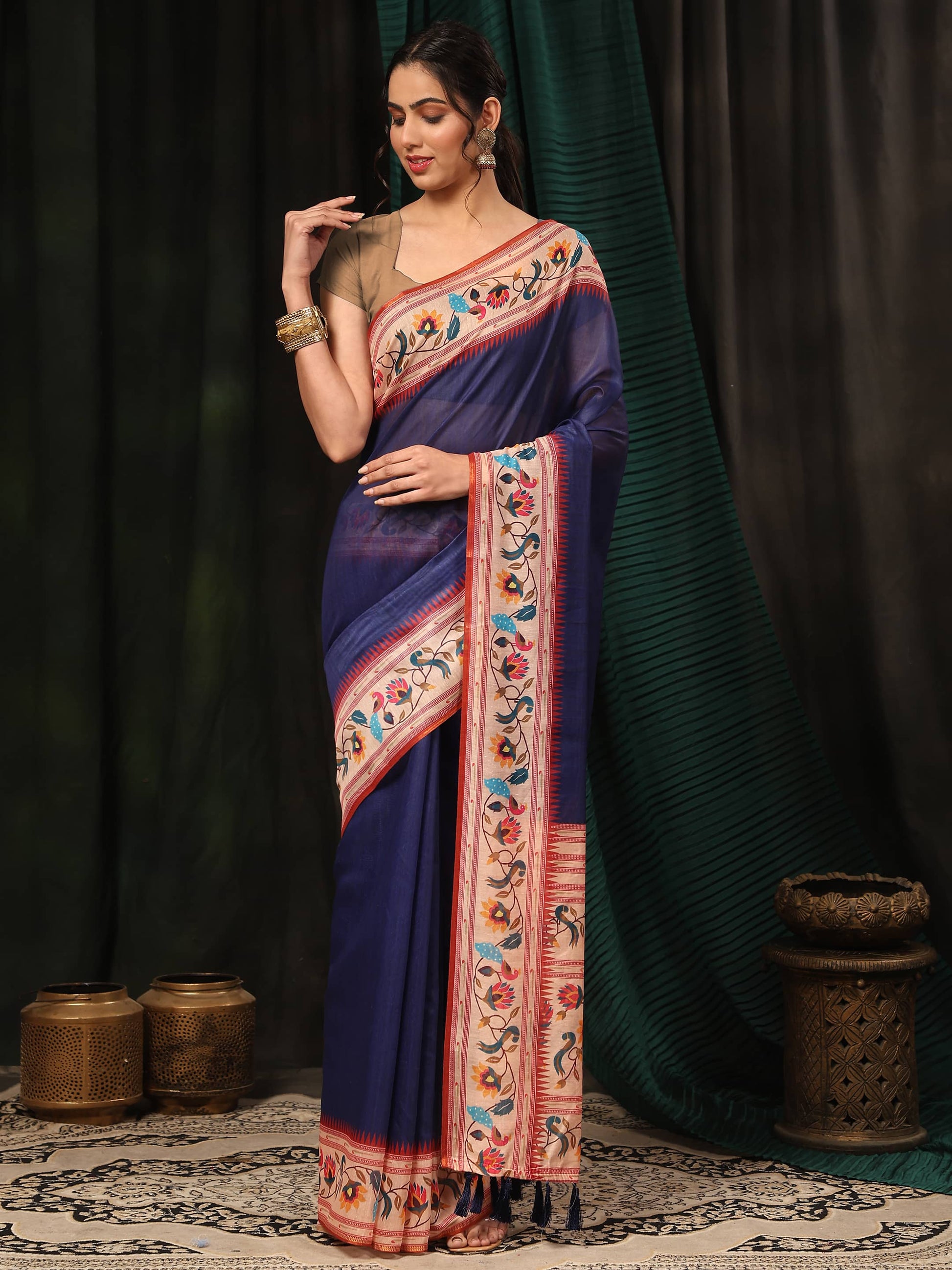 Hiral Fashion Navy Blue Paithani Cotton Blend Solid Digital Printed Saree | Swadesiicart