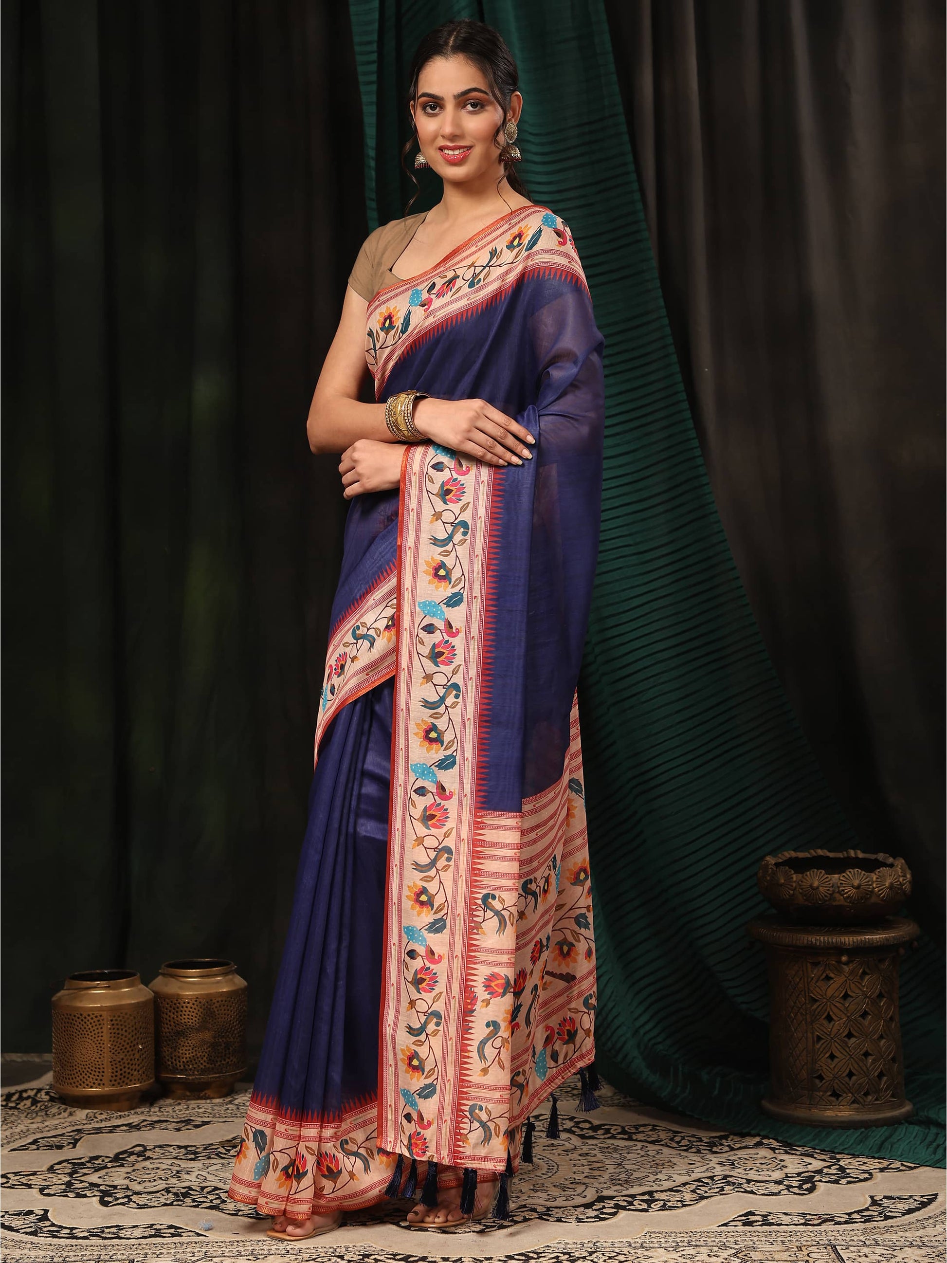 Hiral Fashion Navy Blue Paithani Cotton Blend Solid Digital Printed Saree | Swadesiicart