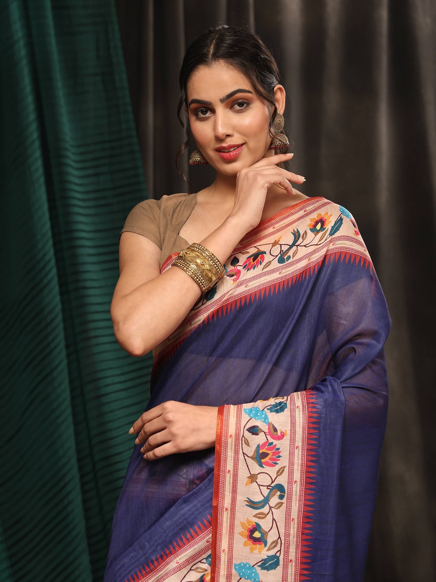 Hiral Fashion Navy Blue Paithani Cotton Blend Solid Digital Printed Saree | Swadesiicart