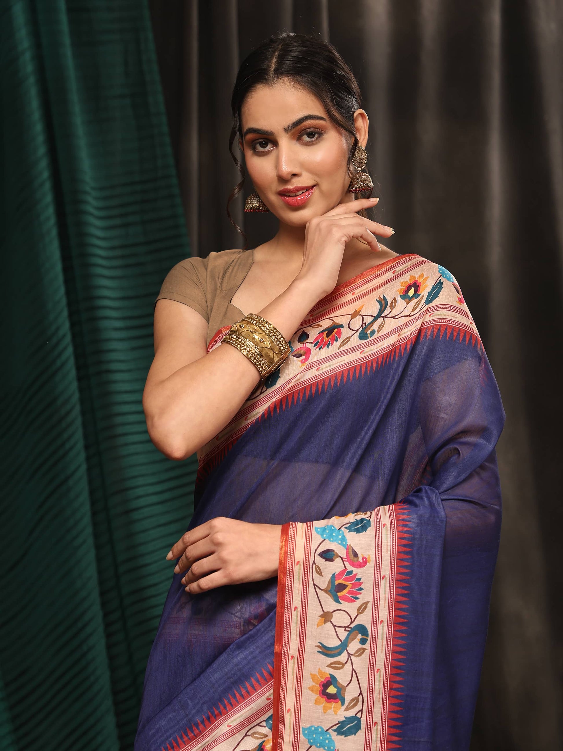 Hiral Fashion Navy Blue Paithani Cotton Blend Solid Digital Printed Saree | Swadesiicart
