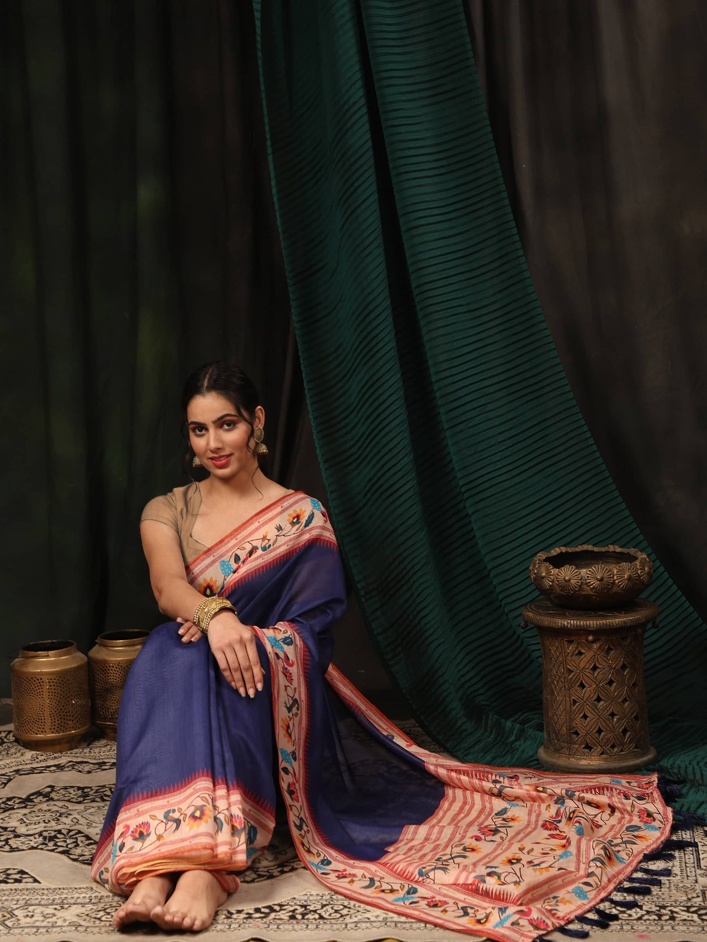 Hiral Fashion Navy Blue Paithani Cotton Blend Solid Digital Printed Saree | Swadesiicart