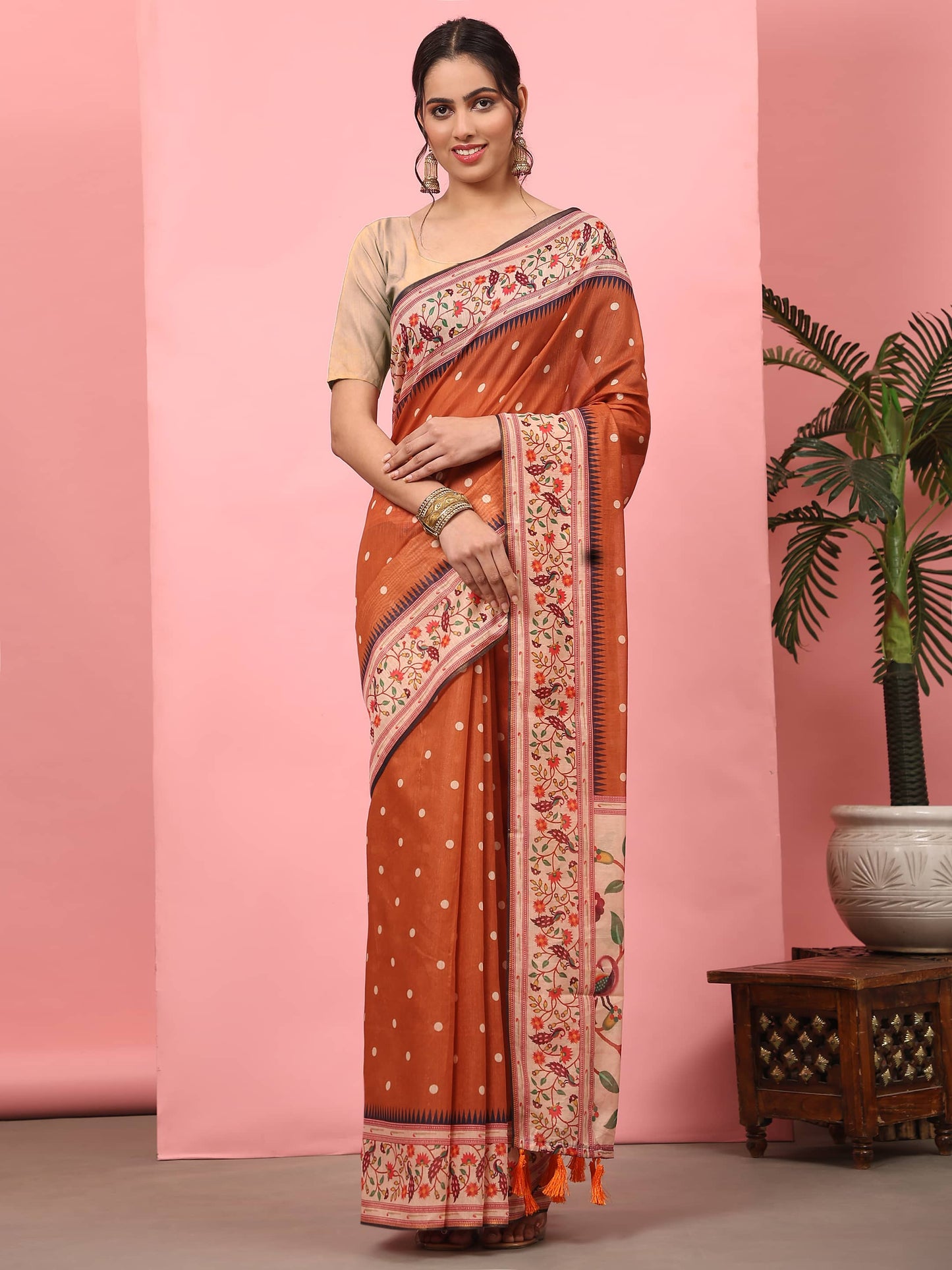 Hiral Fashion Orange Paithani Cotton Blend Polka Dots Digital Printed Saree | Swadesiicart