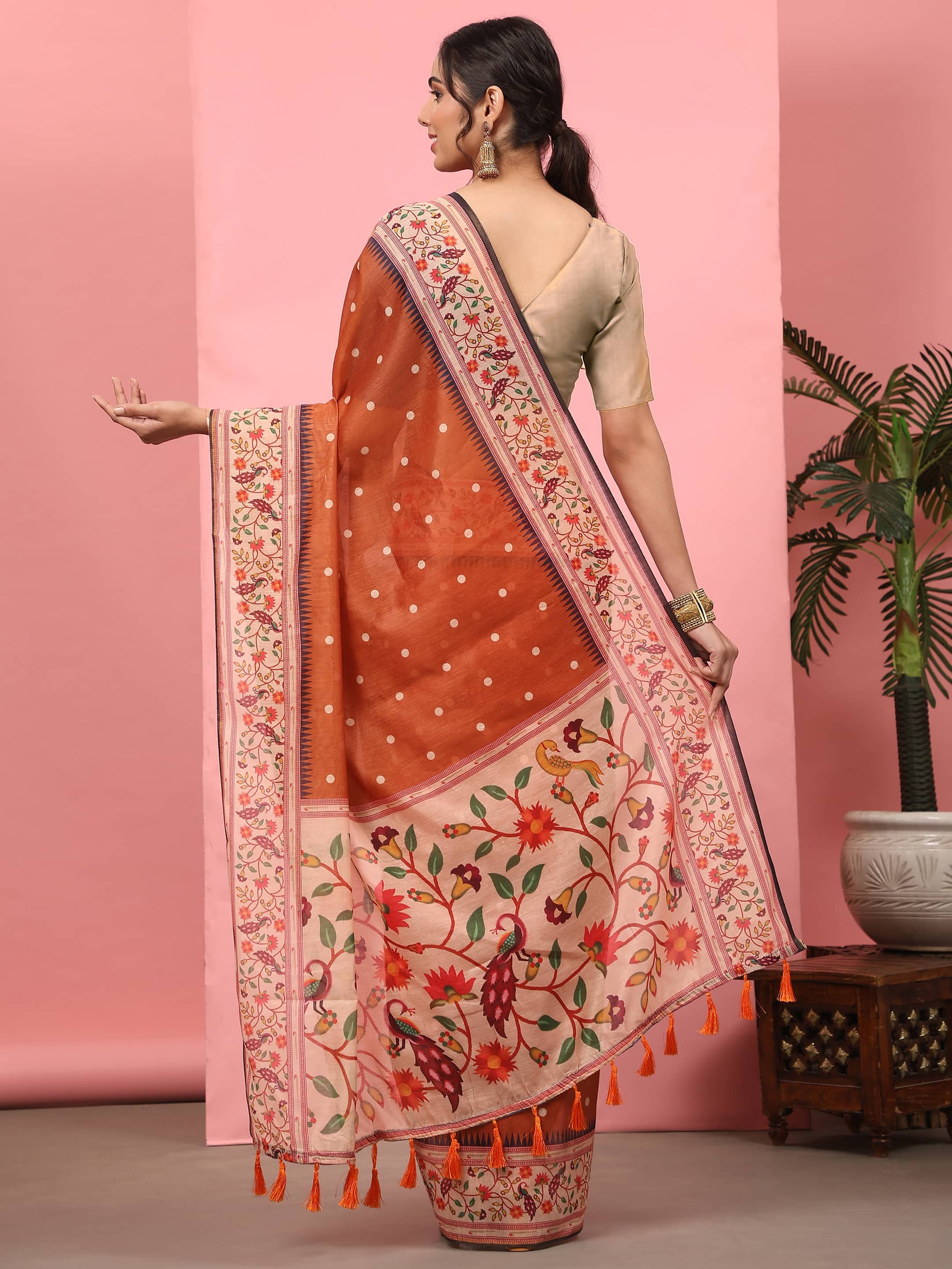 Hiral Fashion Orange Paithani Cotton Blend Polka Dots Digital Printed Saree | Swadesiicart