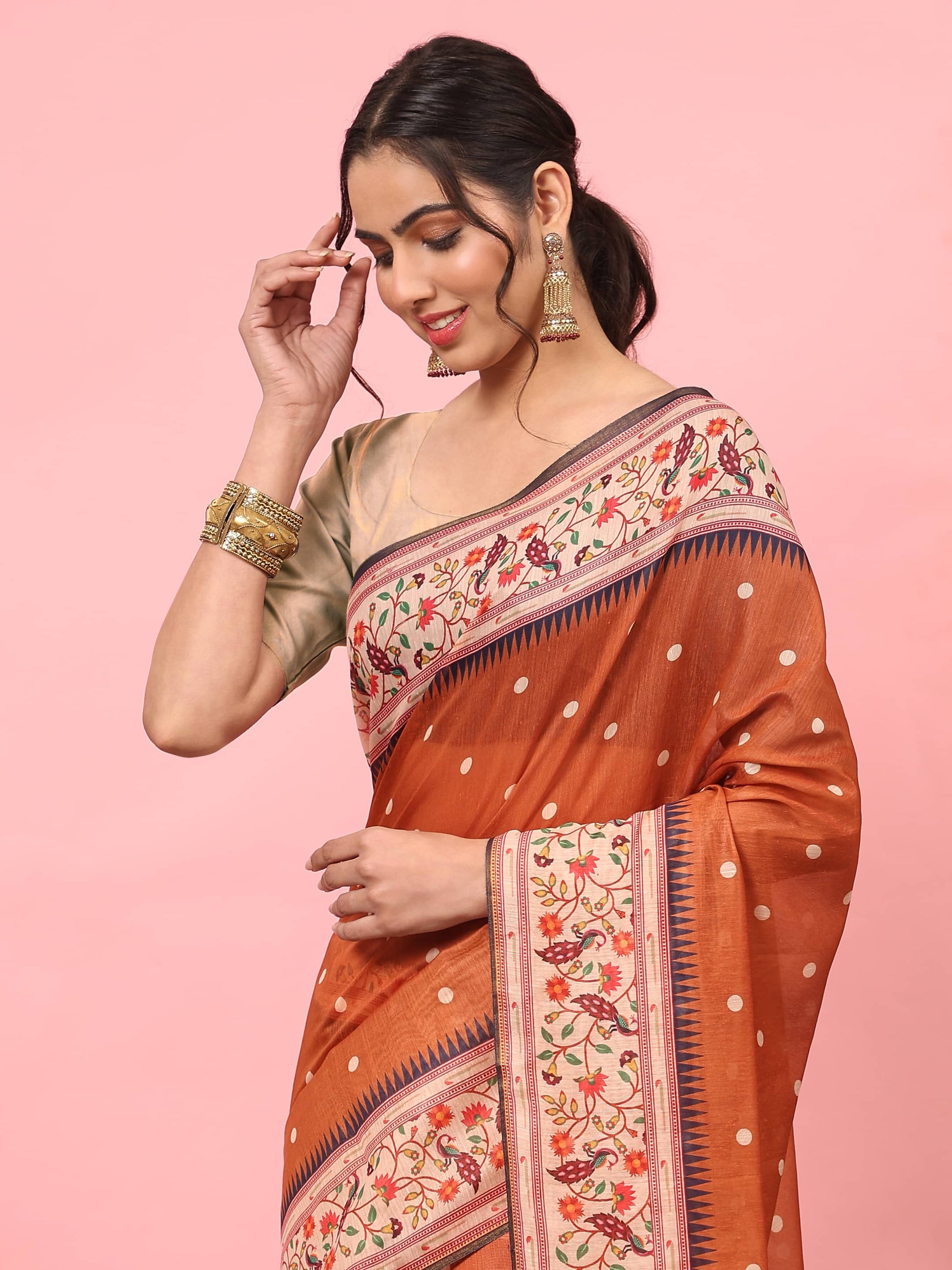 Hiral Fashion Orange Paithani Cotton Blend Polka Dots Digital Printed Saree | Swadesiicart
