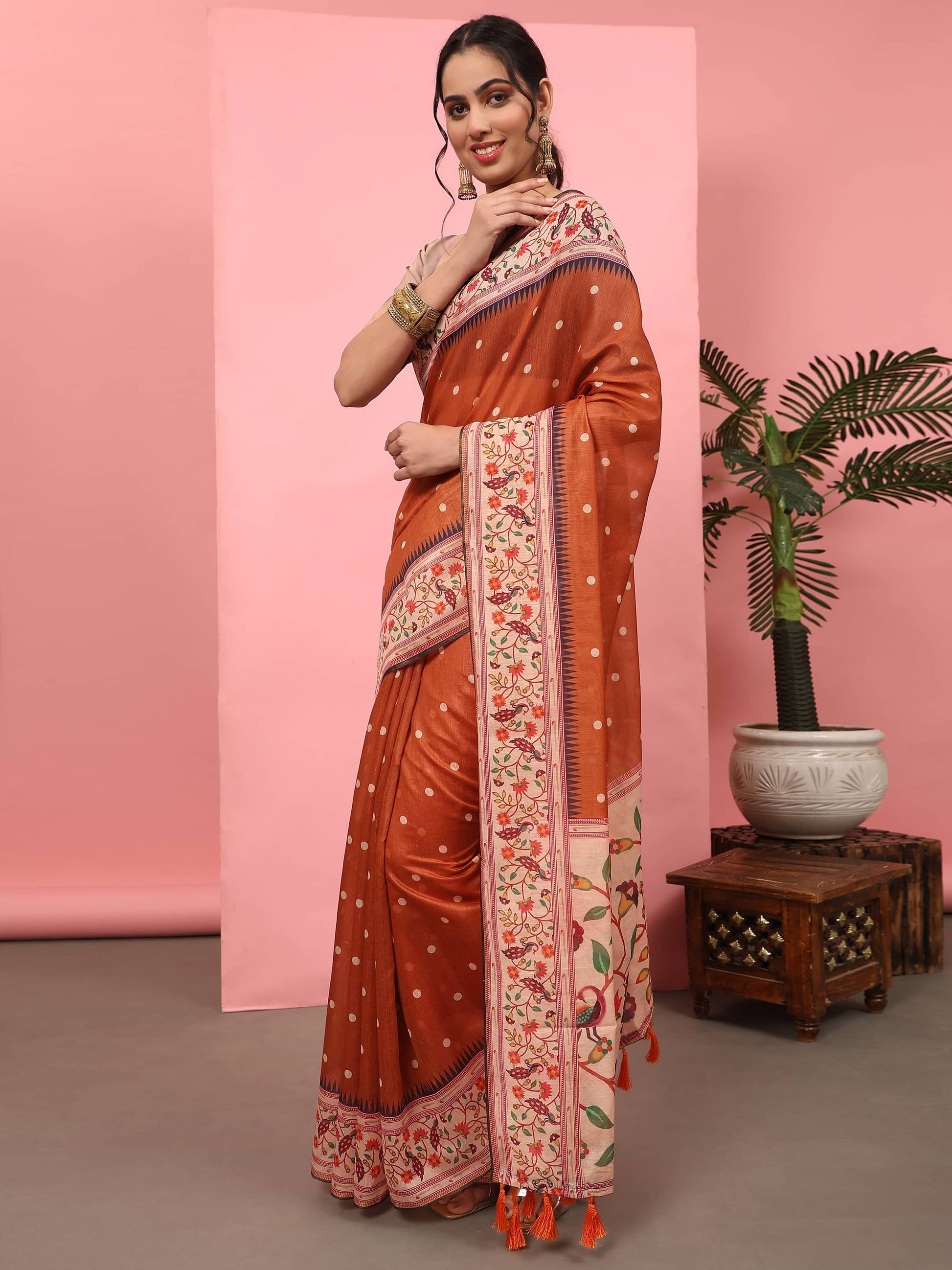 Hiral Fashion Orange Paithani Cotton Blend Polka Dots Digital Printed Saree | Swadesiicart