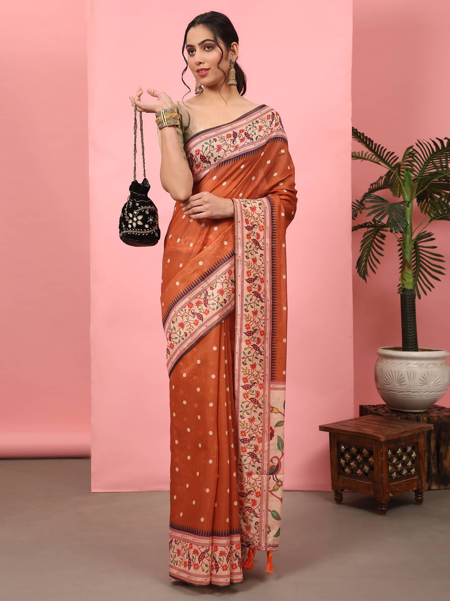 Hiral Fashion Orange Paithani Cotton Blend Polka Dots Digital Printed Saree | Swadesiicart