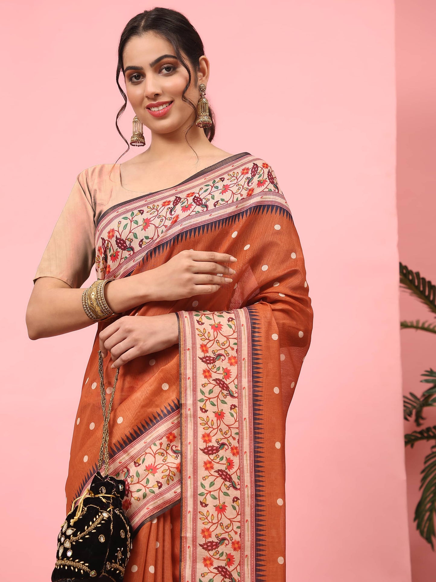 Hiral Fashion Orange Paithani Cotton Blend Polka Dots Digital Printed Saree | Swadesiicart