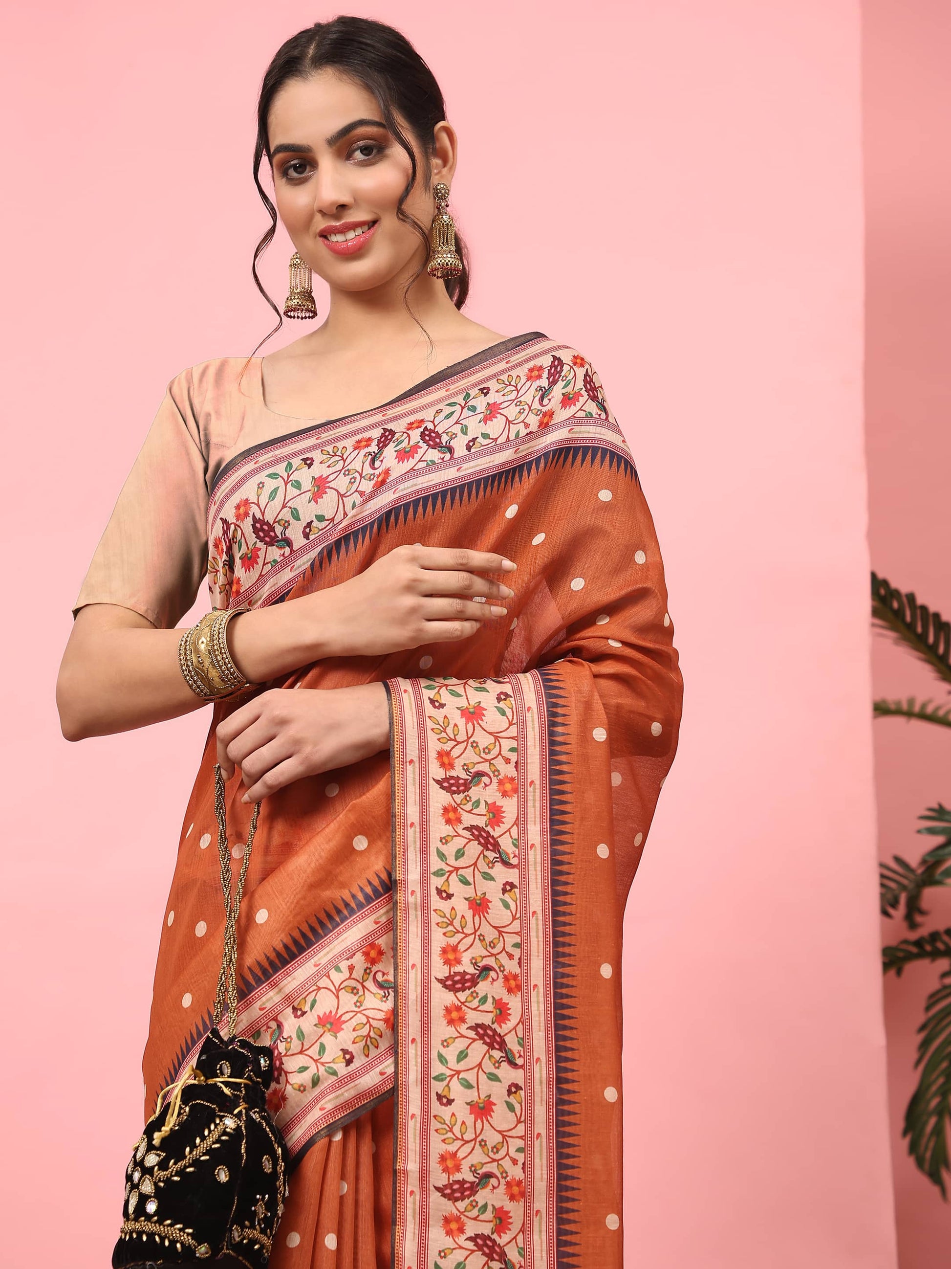 Hiral Fashion Orange Paithani Cotton Blend Polka Dots Digital Printed Saree | Swadesiicart