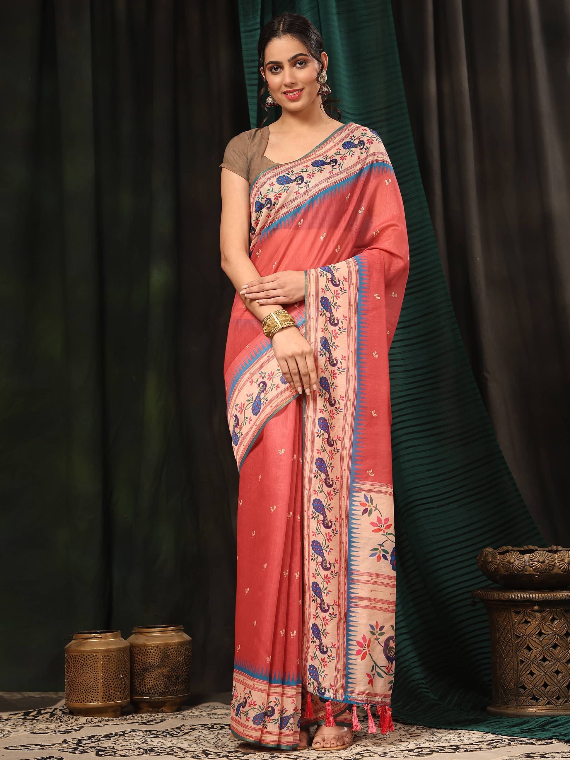 Hiral Fashion Pink Paithani Cotton Blend Animal Print Digital Printed Saree | Swadesiicart