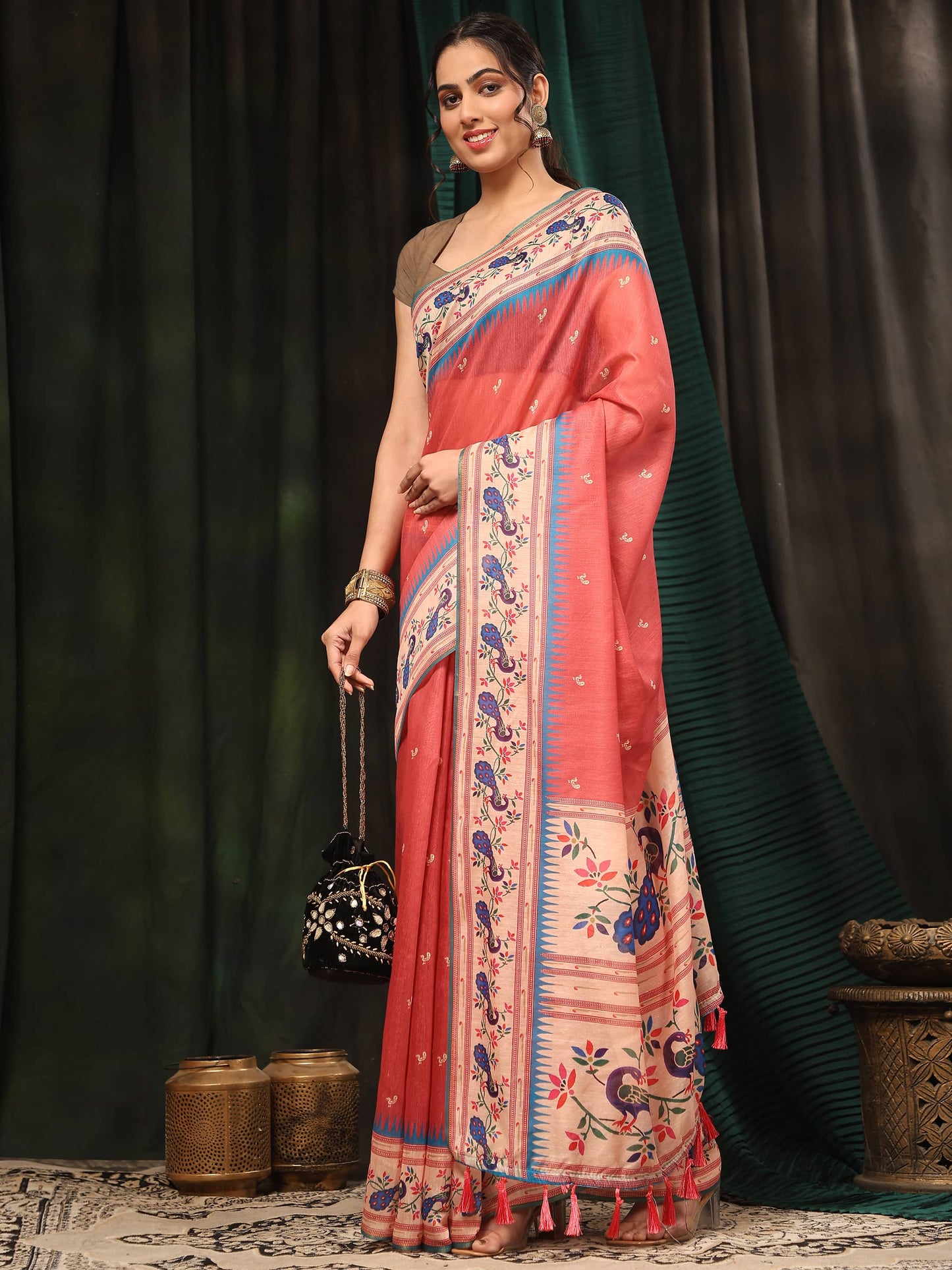 Hiral Fashion Pink Paithani Cotton Blend Animal Print Digital Printed Saree | Swadesiicart