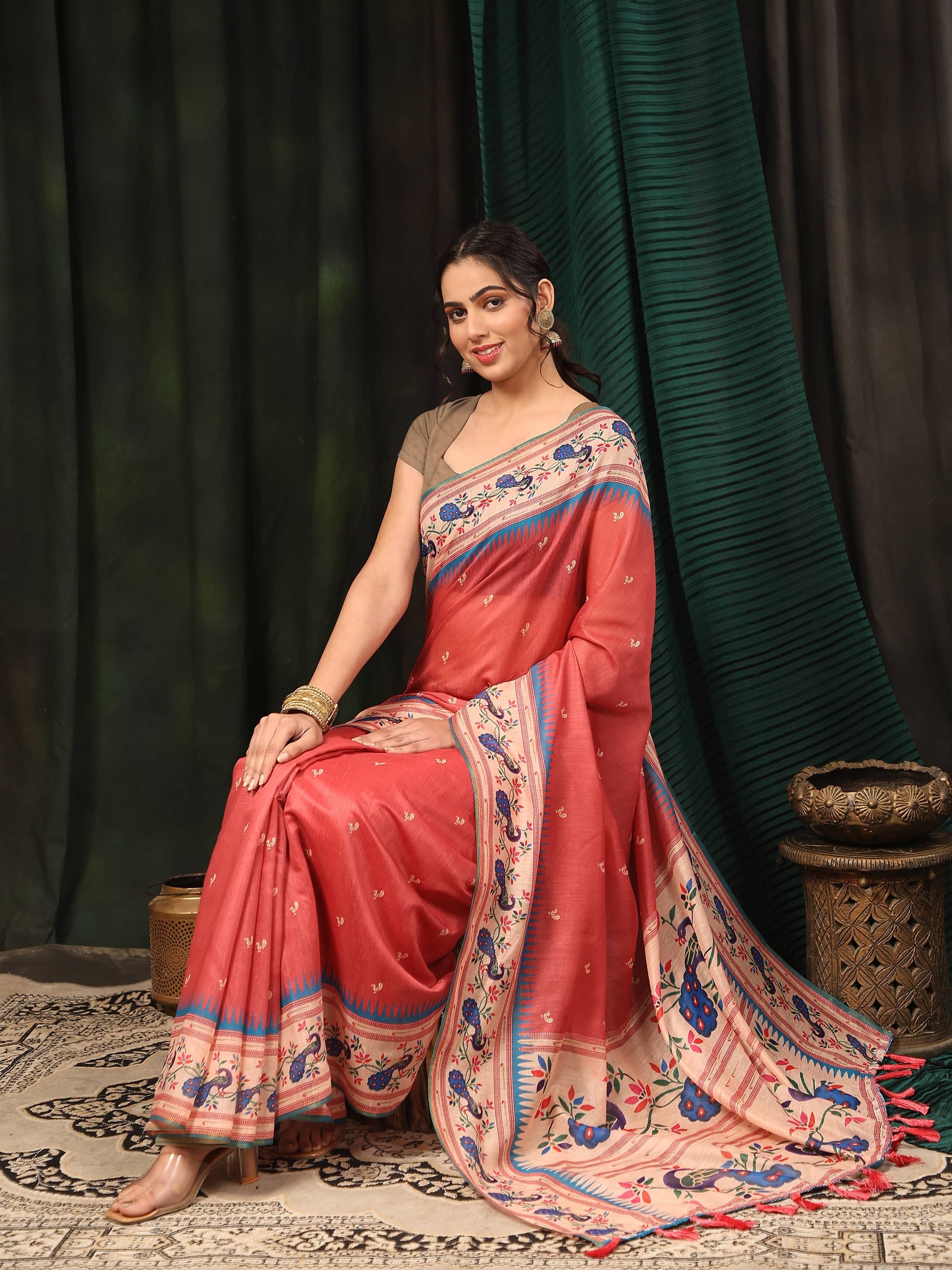 Hiral Fashion Pink Paithani Cotton Blend Animal Print Digital Printed Saree | Swadesiicart