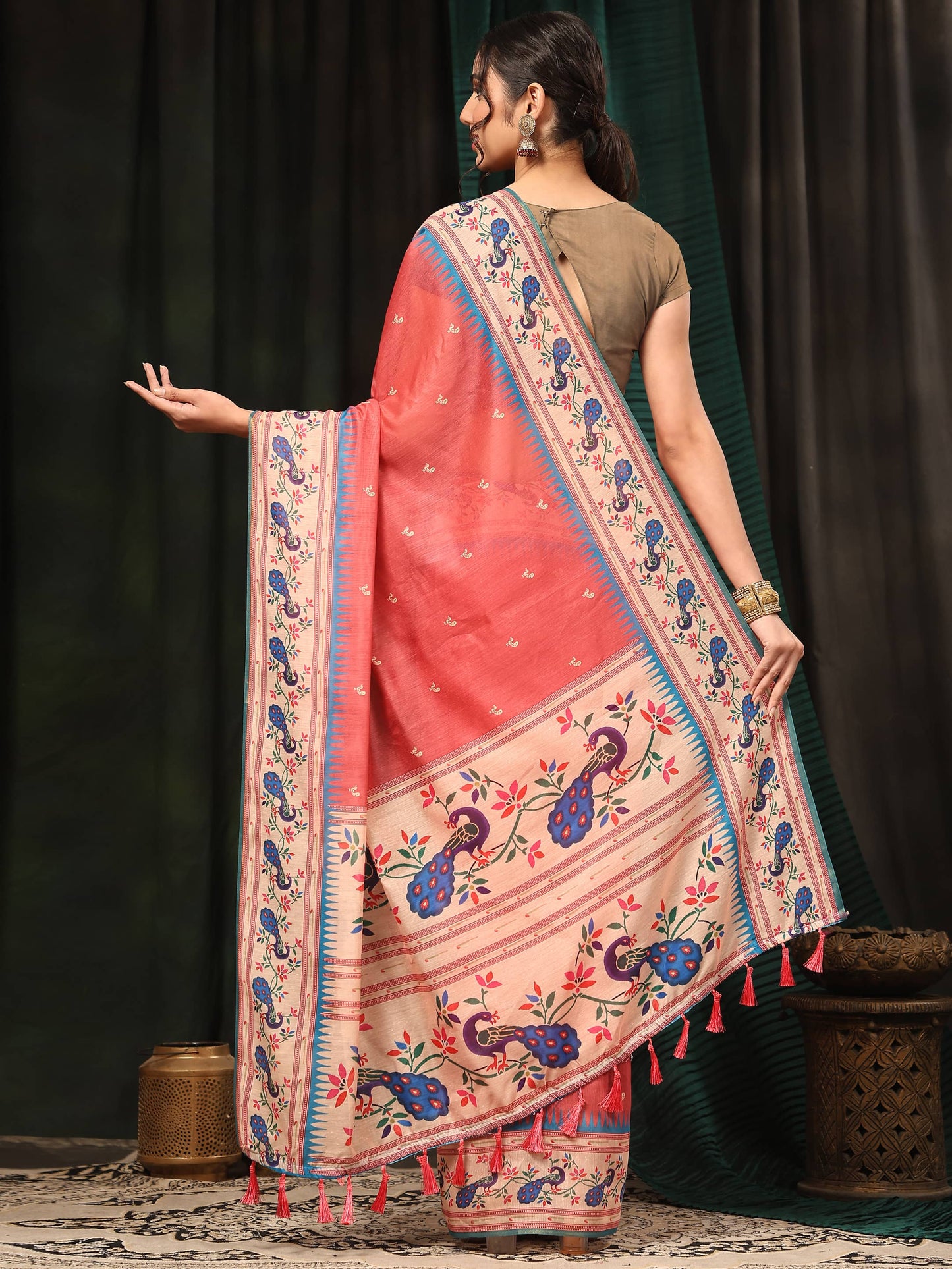 Hiral Fashion Pink Paithani Cotton Blend Animal Print Digital Printed Saree | Swadesiicart