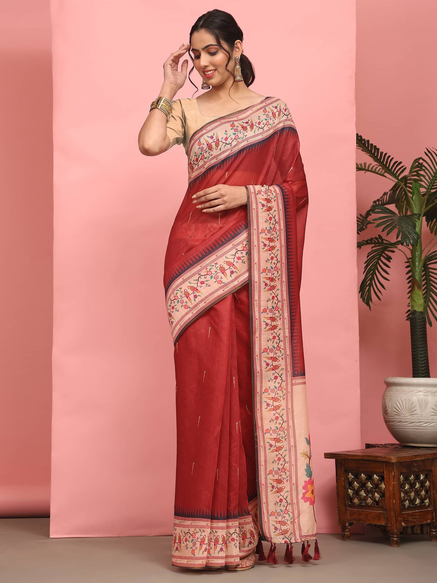 Hiral Fashion Red Paithani Cotton Blend Solid Digital Printed Saree | Swadesiicart