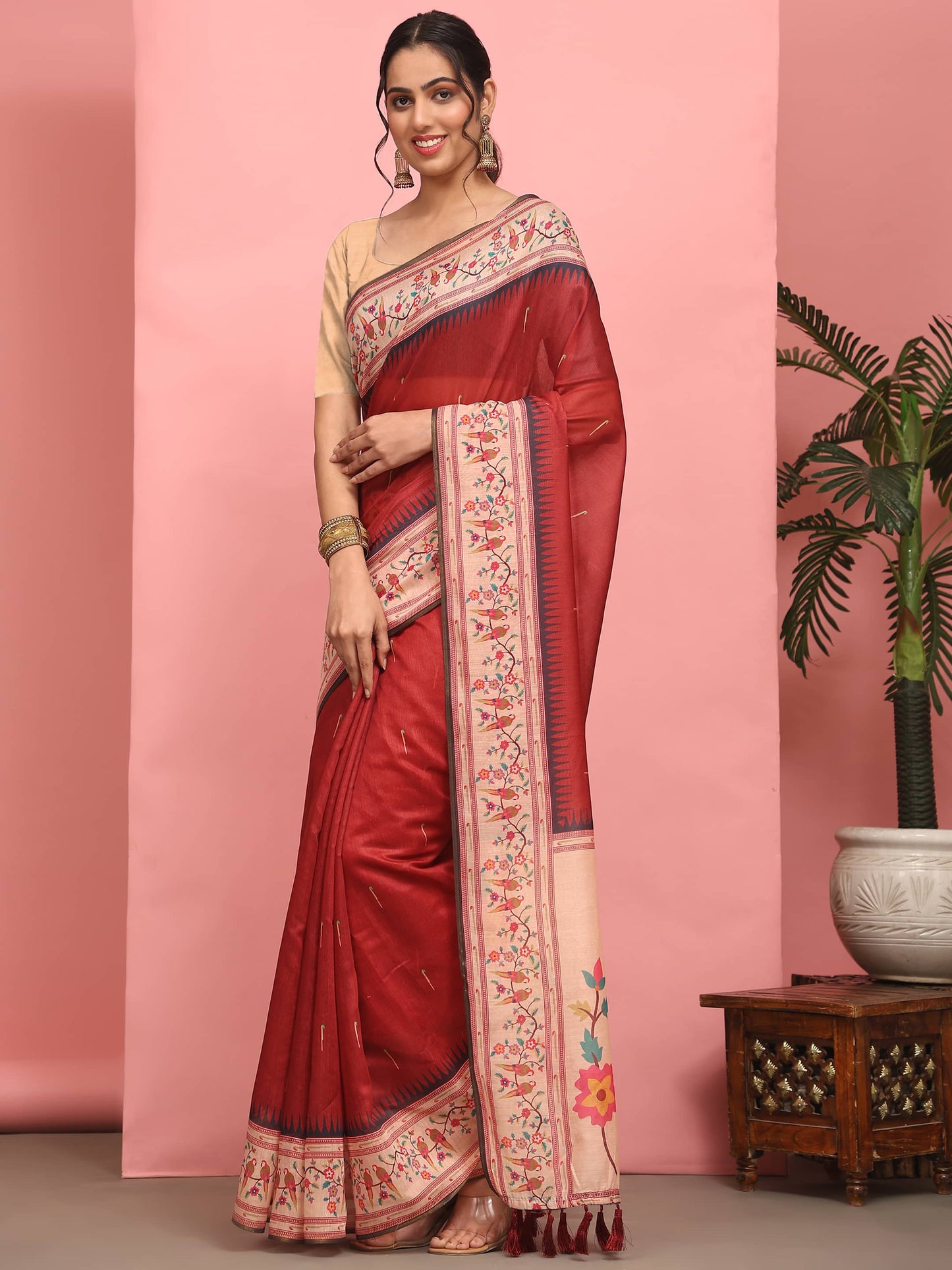 Hiral Fashion Red Paithani Cotton Blend Solid Digital Printed Saree | Swadesiicart