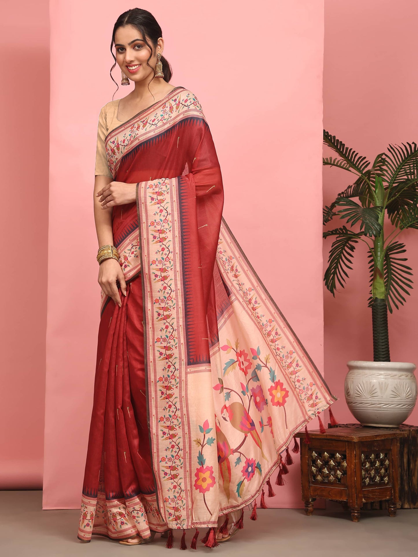 Hiral Fashion Red Paithani Cotton Blend Solid Digital Printed Saree | Swadesiicart