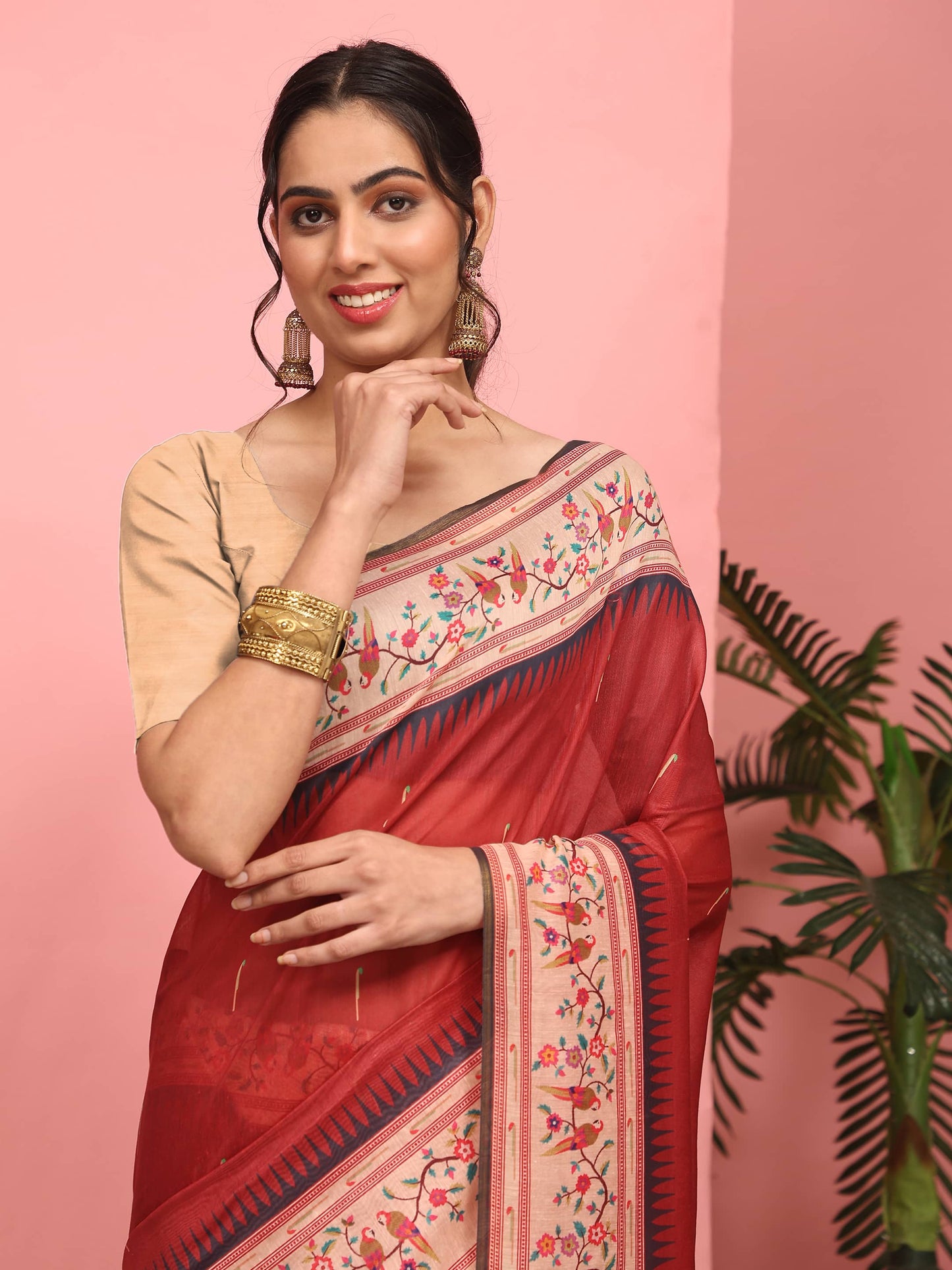 Hiral Fashion Red Paithani Cotton Blend Solid Digital Printed Saree | Swadesiicart