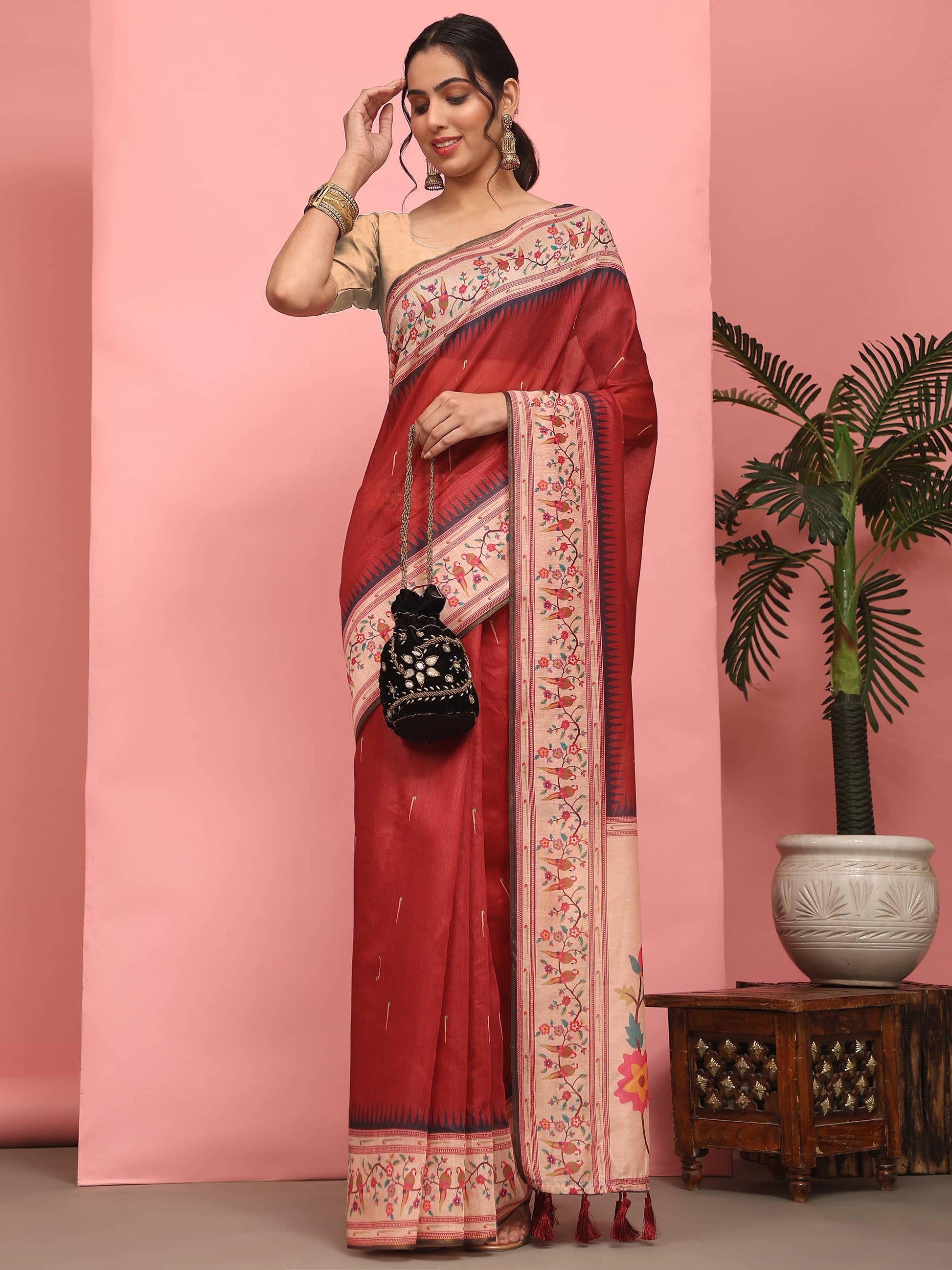 Hiral Fashion Red Paithani Cotton Blend Solid Digital Printed Saree | Swadesiicart