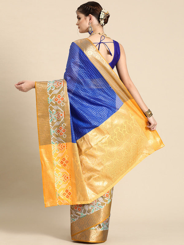 Blue Banarasi Silk Woven Zari Design Checked Swadesiicart with Unstitched Blouse - Hiral Fashion