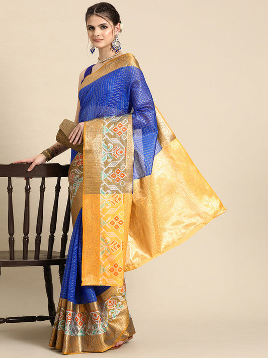 Blue Banarasi Silk Woven Zari Design Checked Saree with Unstitched Blouse - Hiral Fashion | Swadesiicart
