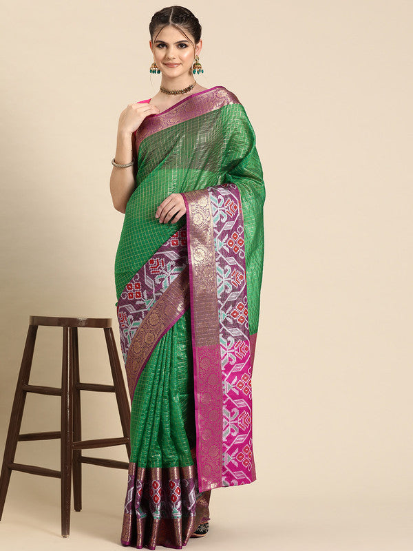 Green Banarasi Silk Woven Zari Design Checked Saree with Unstitched Blouse - Hiral Fashion | Swadesiicart