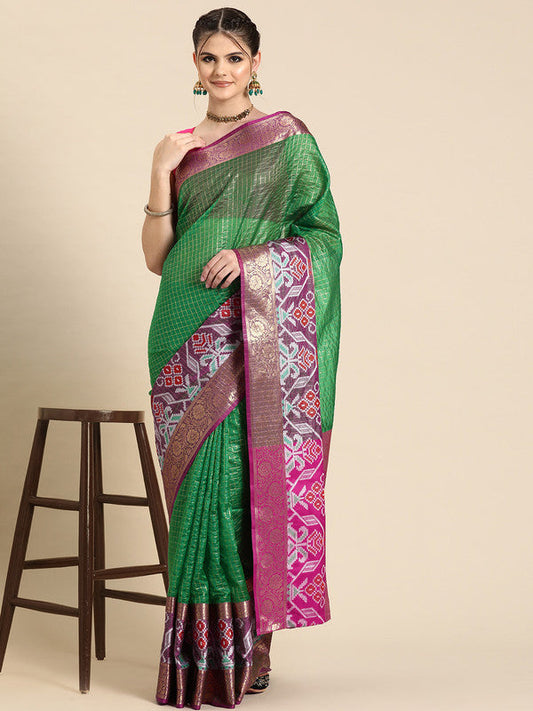 Green Banarasi Silk Woven Zari Design Checked Saree with Unstitched Blouse - Hiral Fashion | Swadesiicart