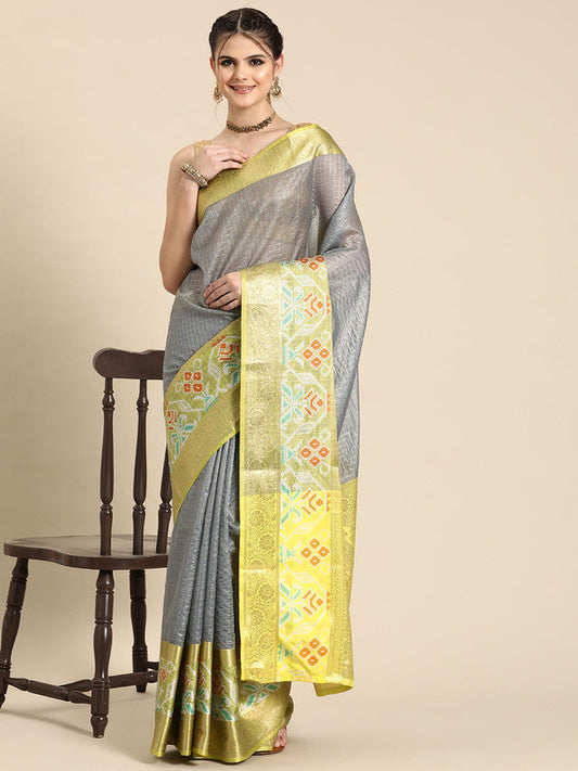 Gray Banarasi Silk Woven Zari Design Checked Saree with Unstitched Blouse - Hiral Fashion | Swadesiicart