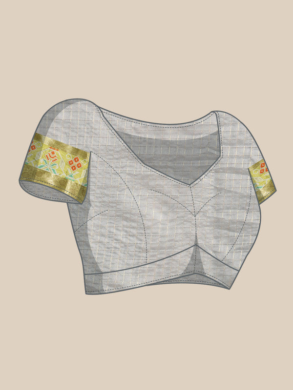 Gray Banarasi Silk Woven Zari Design Checked Saree with Unstitched Blouse - Hiral Fashion | Swadesiicart
