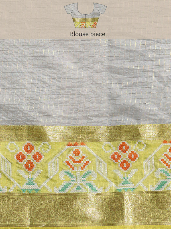 Gray Banarasi Silk Woven Zari Design Checked Saree with Unstitched Blouse - Hiral Fashion | Swadesiicart