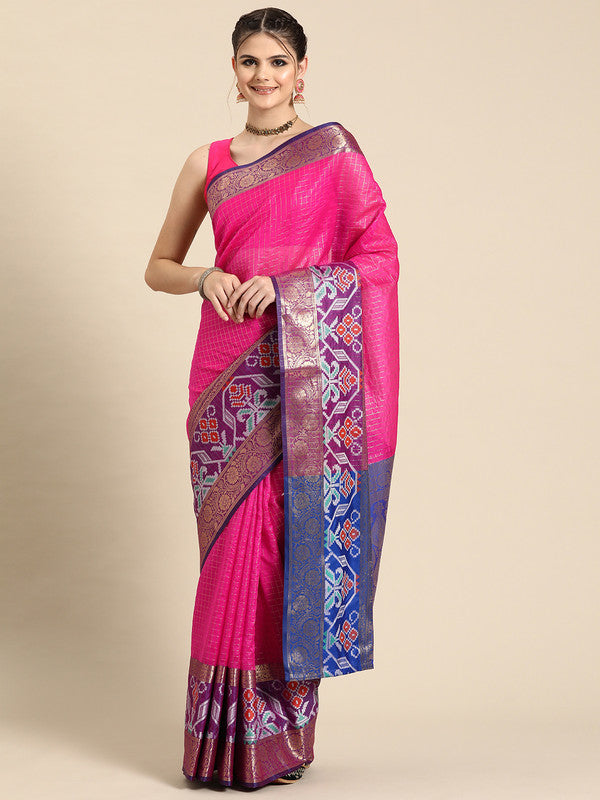 Pink Banarasi Silk Woven Zari Design Checked Saree with Unstitched Blouse - Hiral Fashion | Swadesiicart