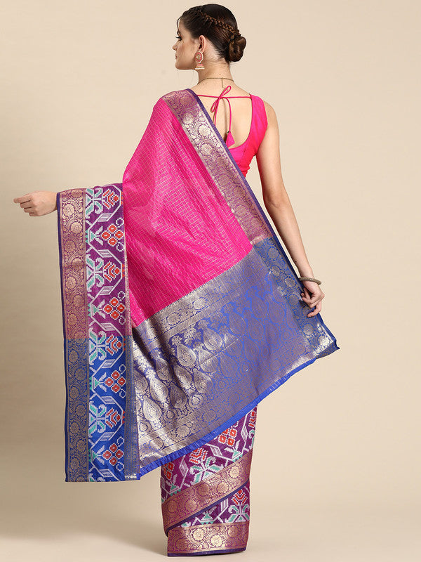 Pink Banarasi Silk Woven Zari Design Checked Saree with Unstitched Blouse - Hiral Fashion | Swadesiicart