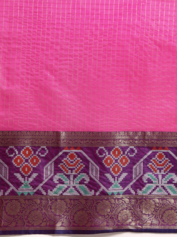 Pink Banarasi Silk Woven Zari Design Checked Saree with Unstitched Blouse - Hiral Fashion | Swadesiicart