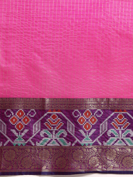 Pink Banarasi Silk Woven Zari Design Checked Saree with Unstitched Blouse - Hiral Fashion | Swadesiicart