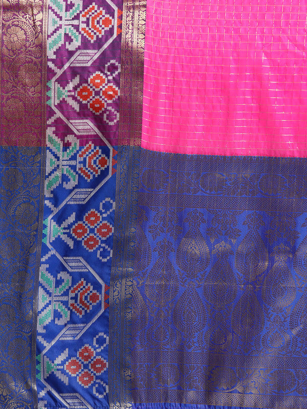 Pink Banarasi Silk Woven Zari Design Checked Saree with Unstitched Blouse - Hiral Fashion | Swadesiicart