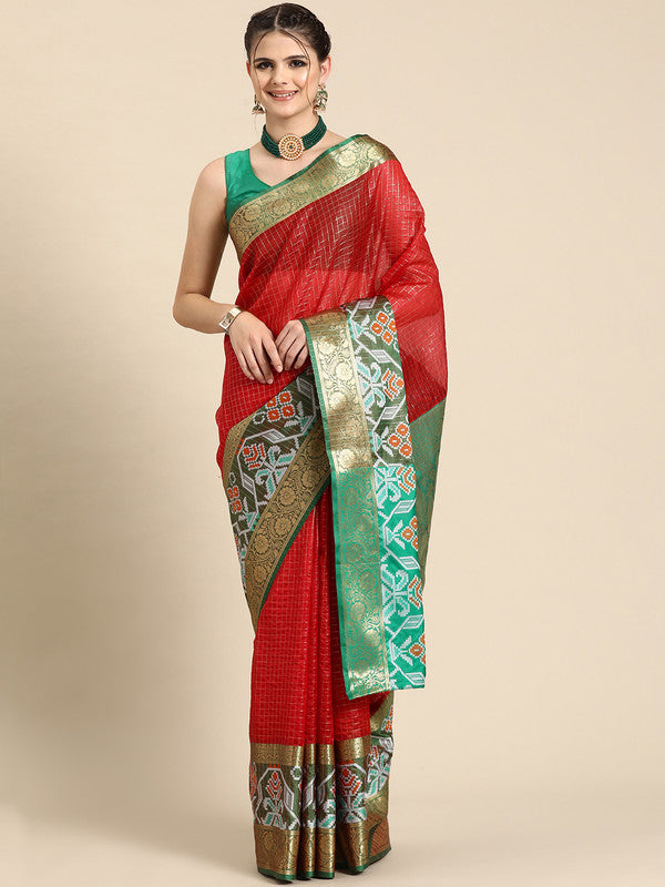 Red Banarasi Silk Woven Zari Design Checked Saree with Unstitched Blouse - Hiral Fashion | Swadesiicart