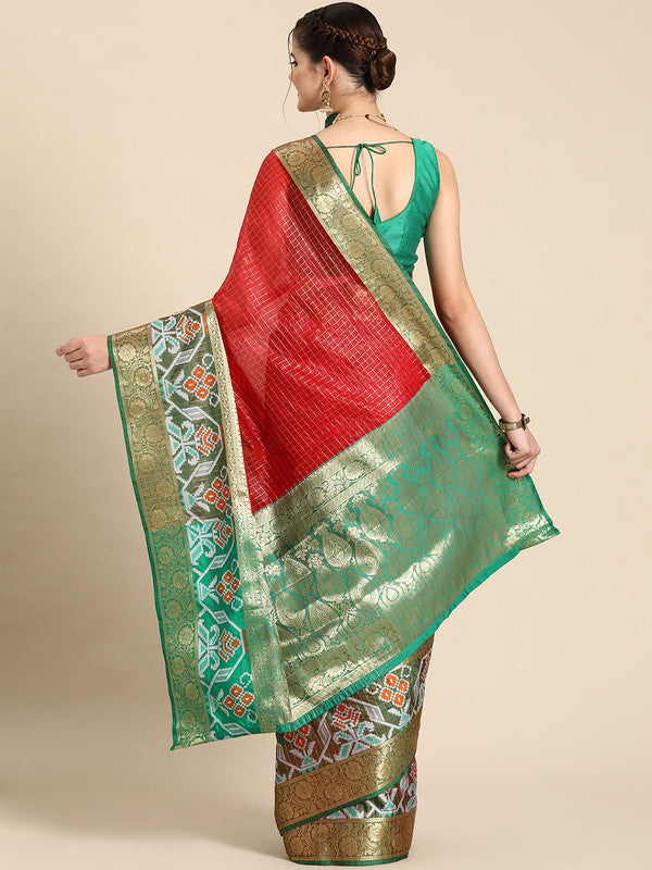 Red Banarasi Silk Woven Zari Design Checked Saree with Unstitched Blouse - Hiral Fashion | Swadesiicart