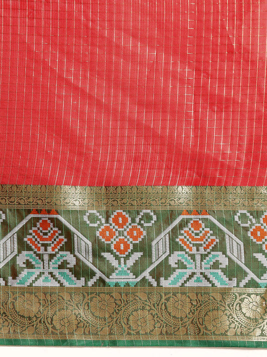Red Banarasi Silk Woven Zari Design Checked Saree with Unstitched Blouse - Hiral Fashion | Swadesiicart