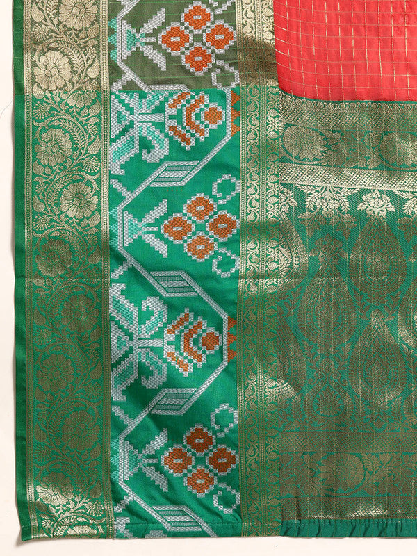 Red Banarasi Silk Woven Zari Design Checked Saree with Unstitched Blouse - Hiral Fashion | Swadesiicart