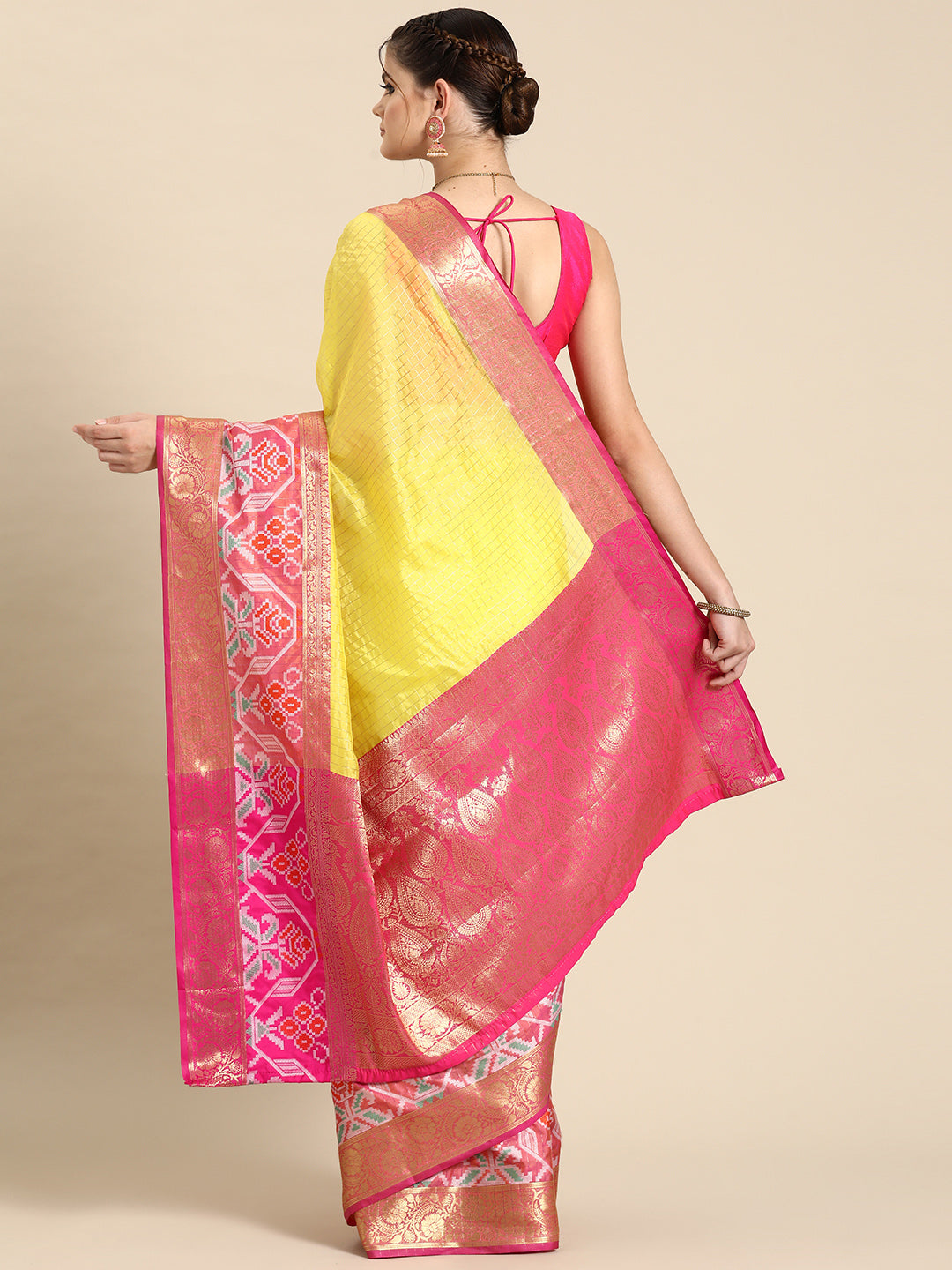 Yellow Banarasi Silk Woven Zari Design Checked Saree with Unstitched Blouse - Hiral Fashion | Swadesiicart