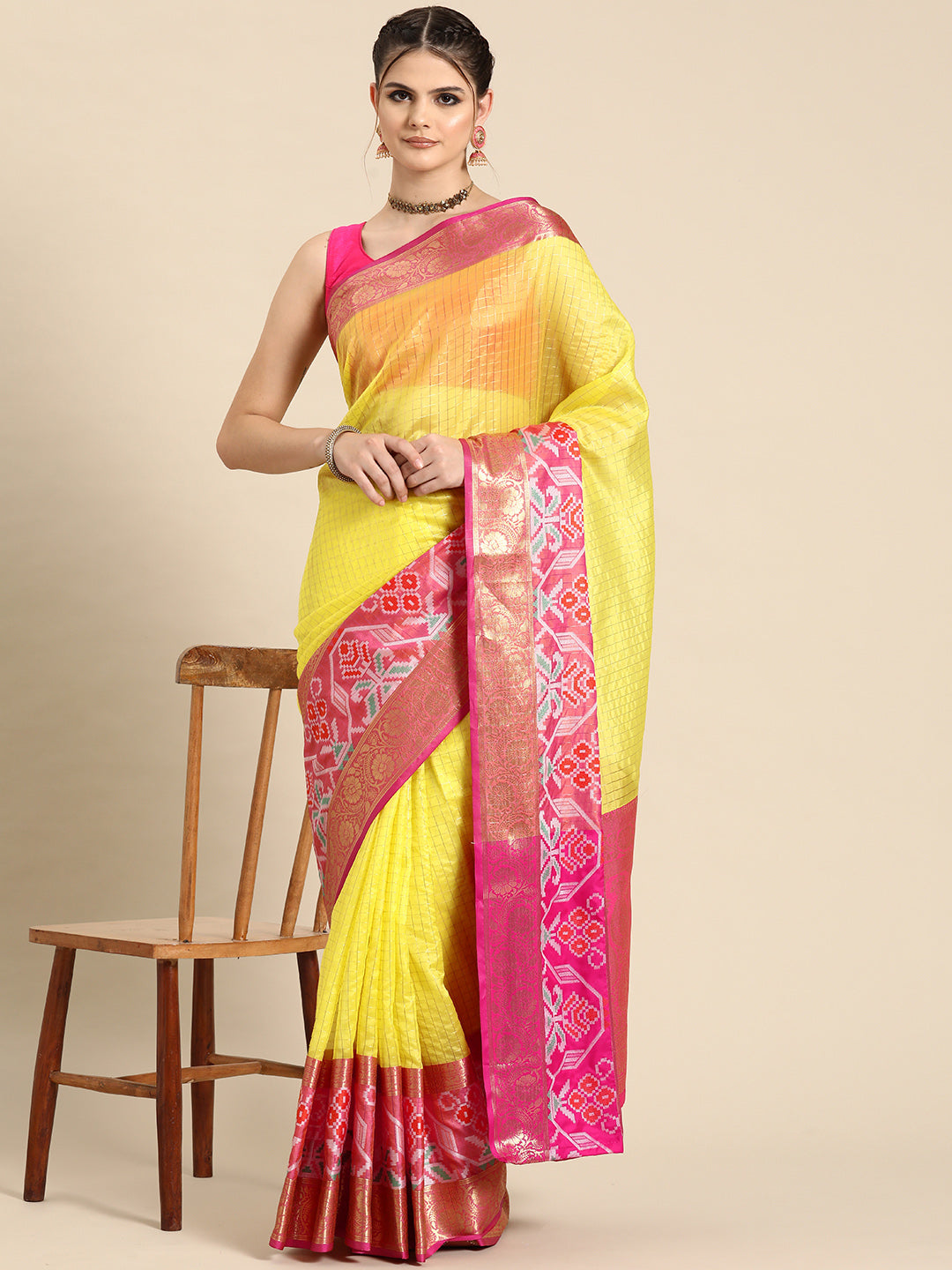 Yellow Banarasi Silk Woven Zari Design Checked Saree with Unstitched Blouse - Hiral Fashion | Swadesiicart