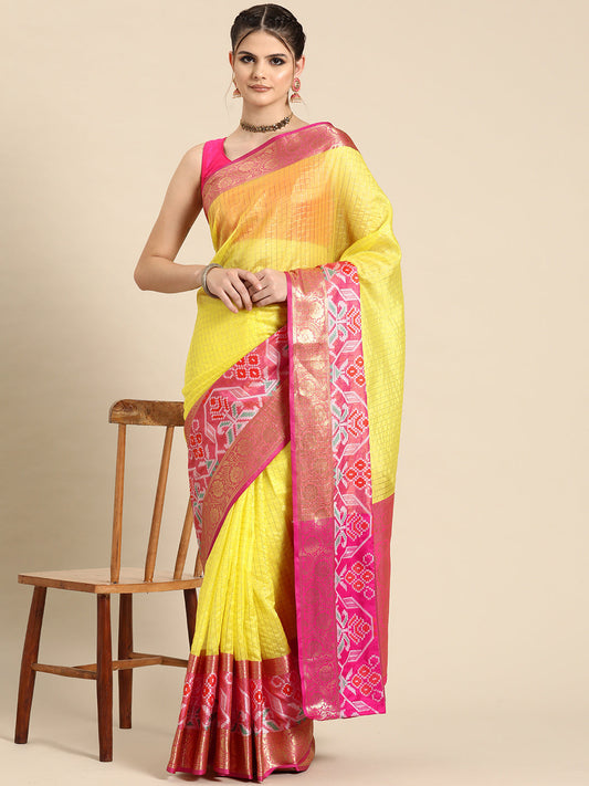 Yellow Banarasi Silk Woven Zari Design Checked Saree with Unstitched Blouse - Hiral Fashion | Swadesiicart