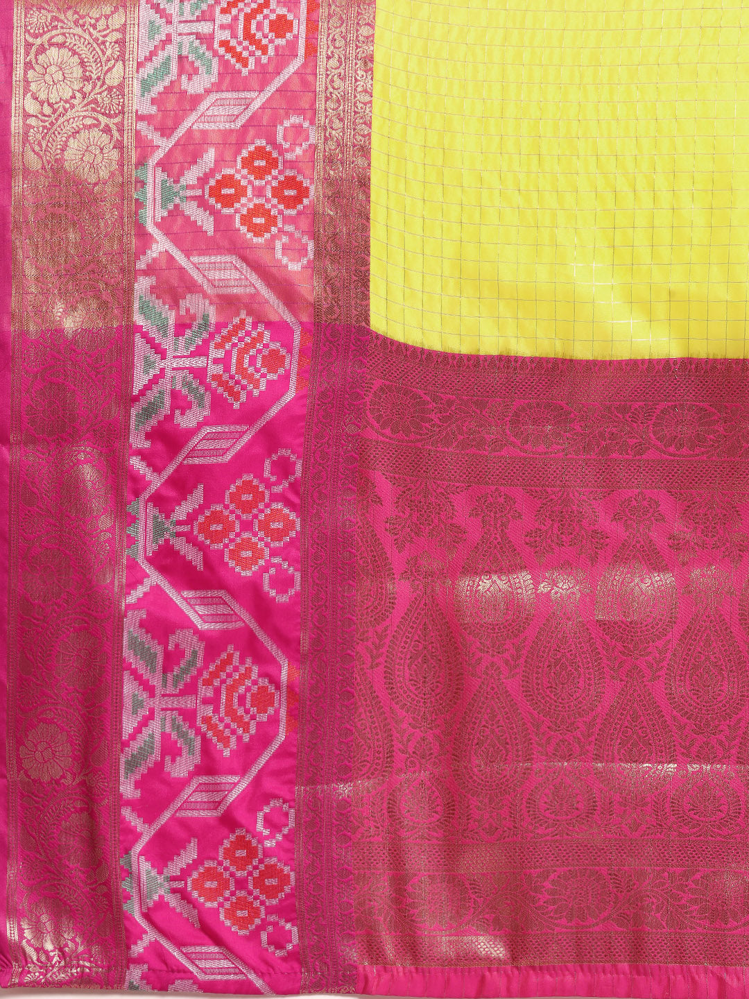 Yellow Banarasi Silk Woven Zari Design Checked Saree with Unstitched Blouse - Hiral Fashion | Swadesiicart