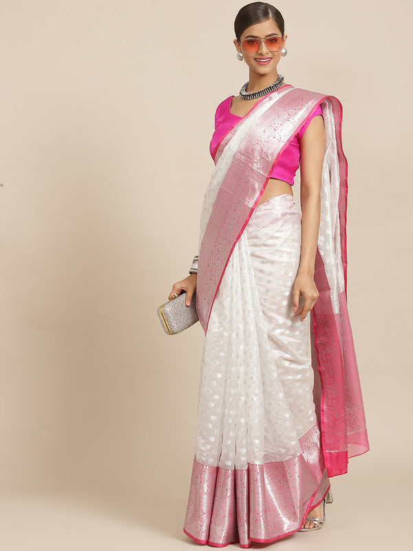 White Silk Blend Woven Zari Design Polka Dots Saree with Unstitched Blouse - Hiral Fashion | Swadesiicart