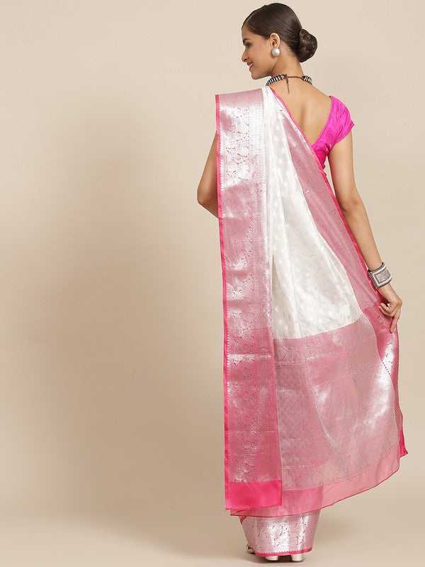 White Silk Blend Woven Zari Design Polka Dots Saree with Unstitched Blouse - Hiral Fashion | Swadesiicart