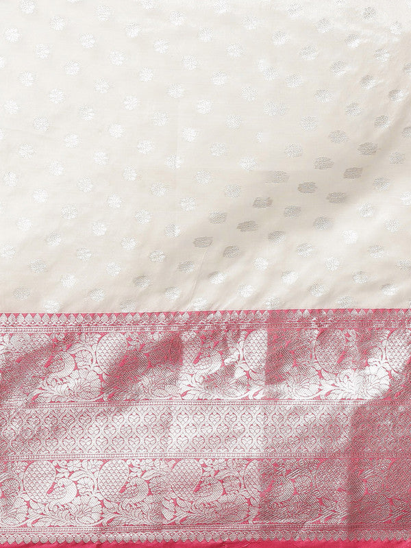 White Silk Blend Woven Zari Design Polka Dots Saree with Unstitched Blouse - Hiral Fashion | Swadesiicart