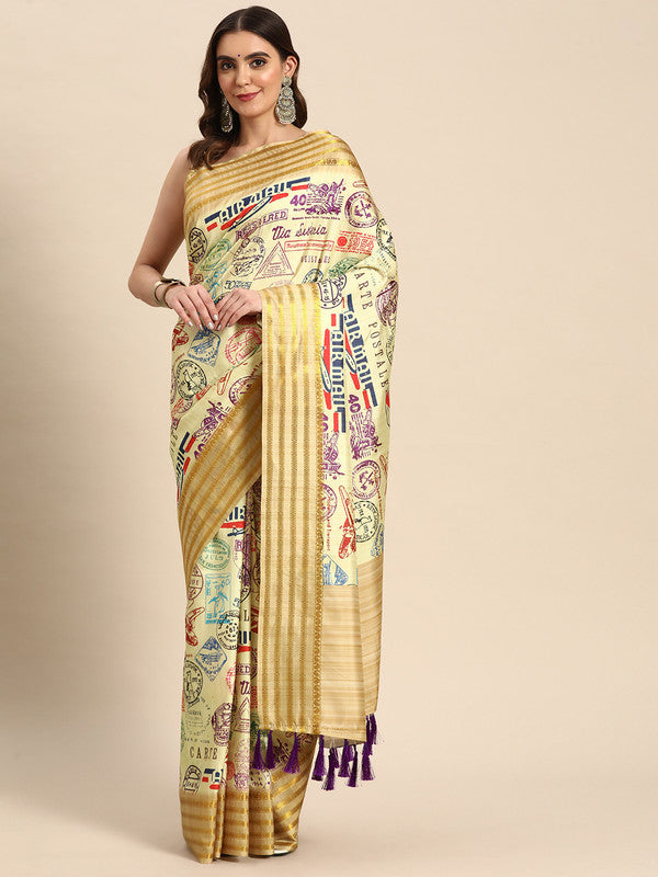 Beige Art Silk Printed Embellished Saree with Unstitched Blouse - Hiral Fashion | Swadesiicart